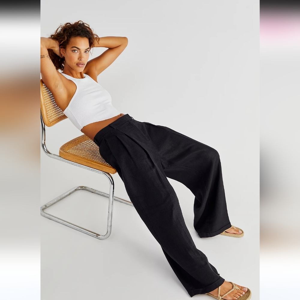 NWT🔥$128 Free People "Lotta Love" Linen Wide-leg Trousers Black Sz 12❤️Comfort!